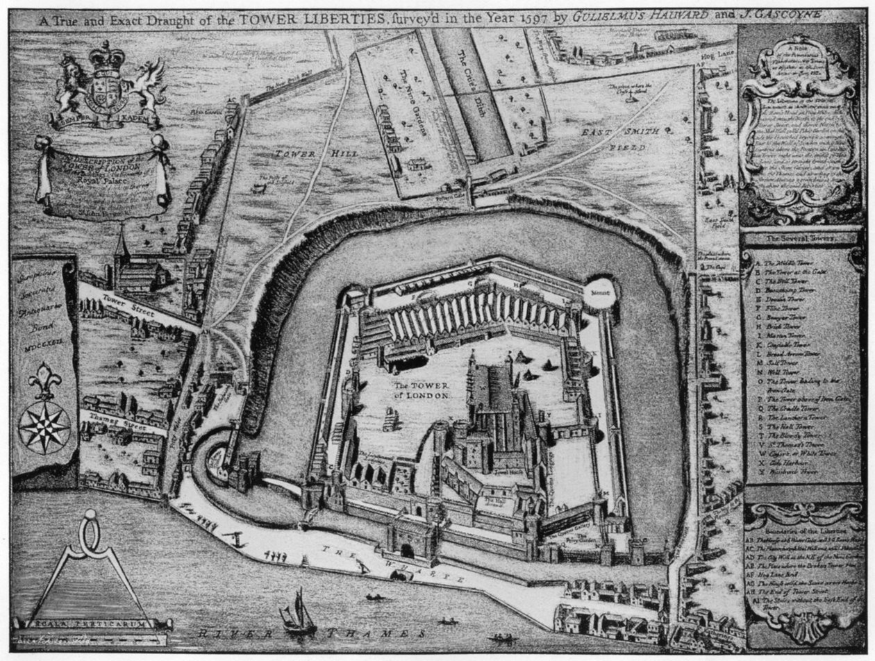 Vogelperspektive des Turms und der Freiheiten, wie sie 1597 in London erschienen von Unbekannt