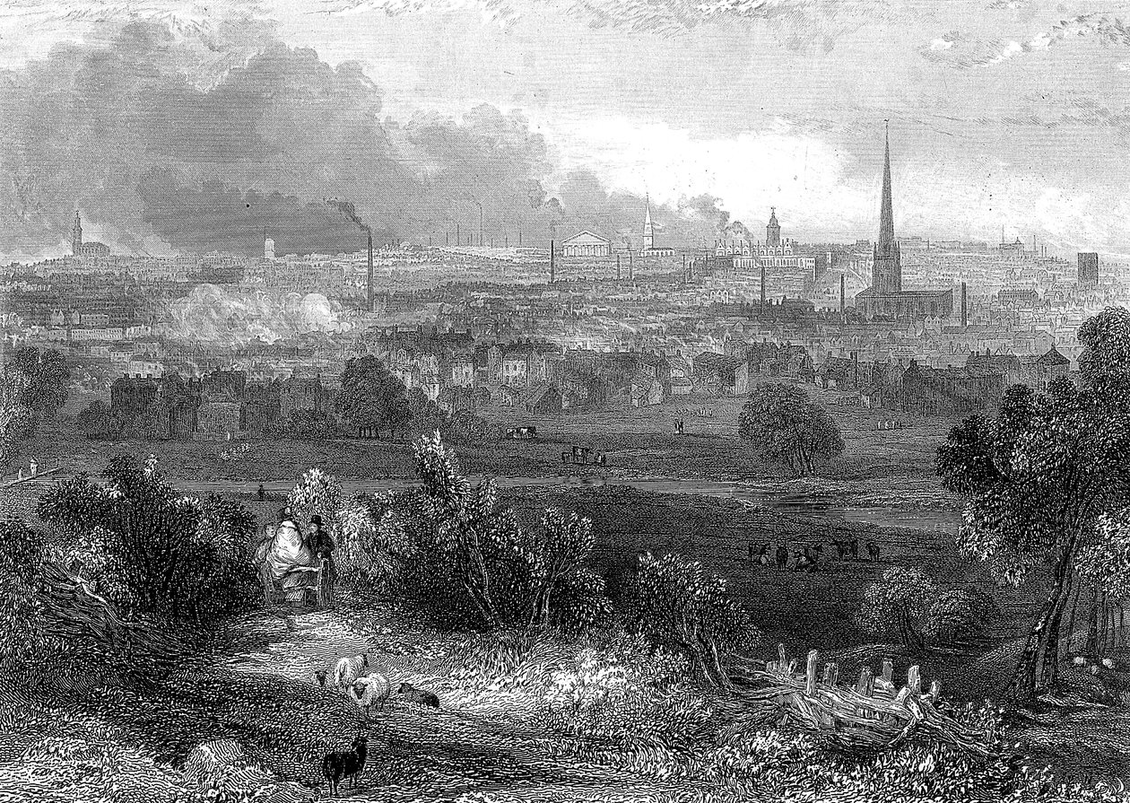 Birmingham von Süden gesehen mit rauchenden Schornsteinen, um 1860 von Unbekannt