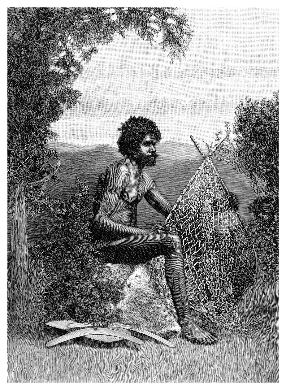 Aborigine repariert sein Netz, Australien, 1886 von Unbekannt