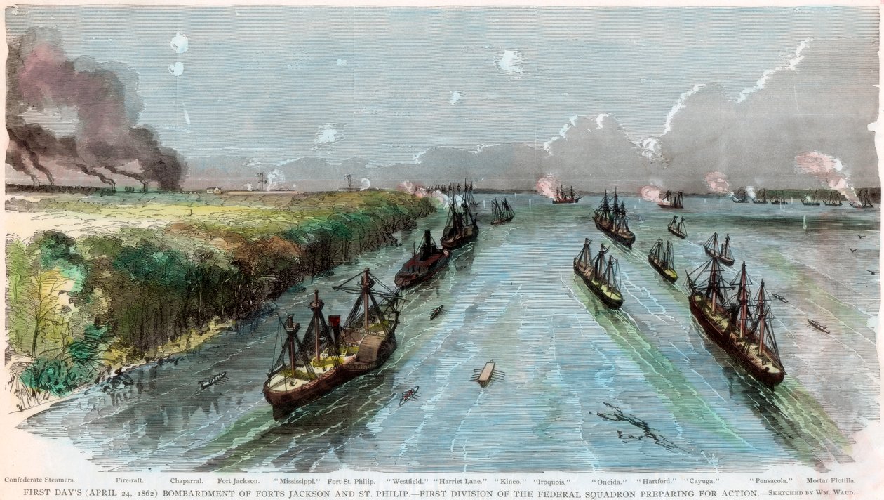 Beschuss der Forts Jackson und St. Philip, Louisiana, Amerikanischer Bürgerkrieg, April 1862 von Unbekannt
