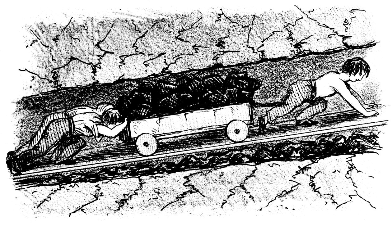 Jungenarbeiter beim Bewegen von Kohle in einem engen Flöz, Lancashire, England, 1848 von Unbekannt