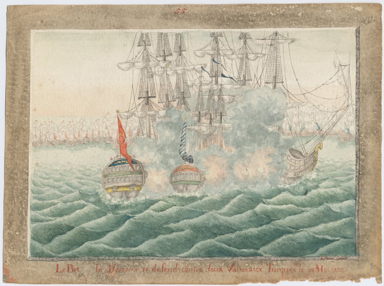 Brigg Mercury kämpft gegen zwei türkische Schiffe am 14. Mai 1829 von Unbekannt