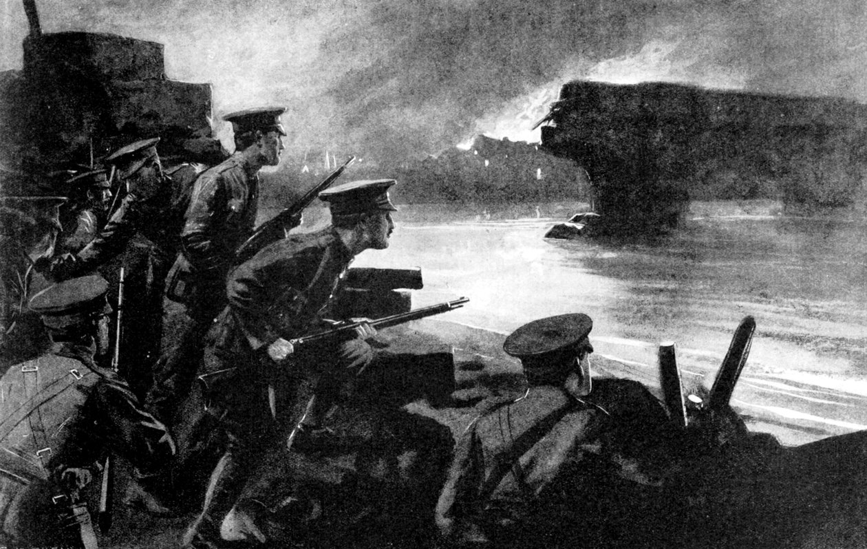 Britische Truppen am Flussufer, bereit für den deutschen Vormarsch, Belgien, Erster Weltkrieg, 1914 von Unbekannt