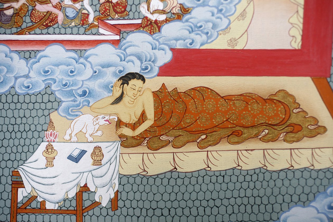 Buddhas Mutter träumt von einem weißen Elefanten. Thangka, Bhaktapur, Nepal von Unbekannt