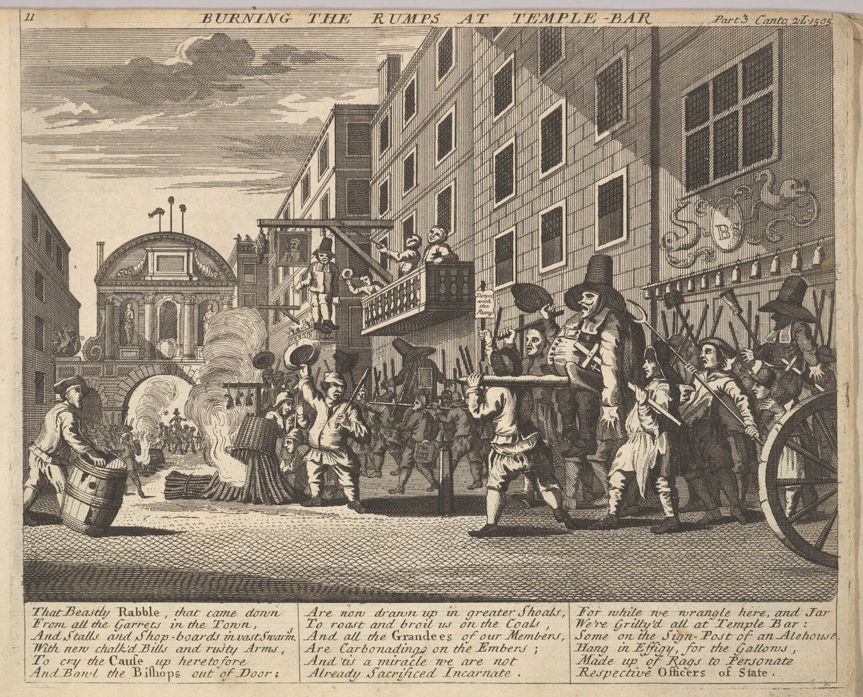 Das Verbrennen der Rümpfe am Temple Bar, Platte 11: Illustrationen zu Samuel Butlers Hudibras von Unbekannt