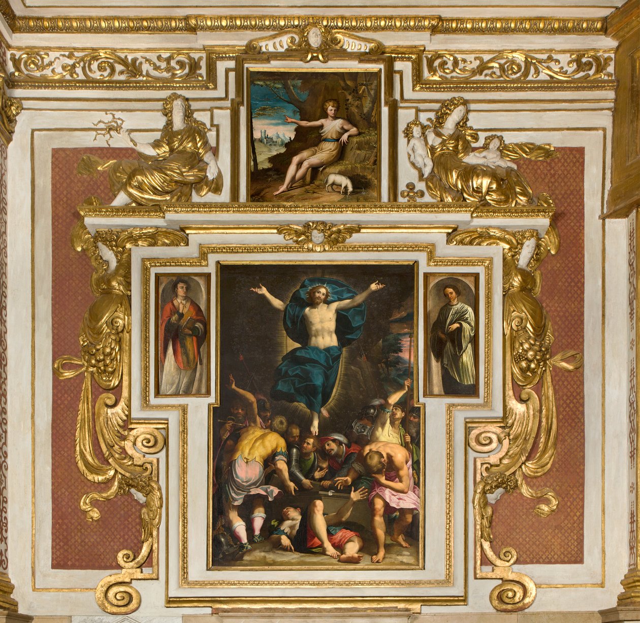 Kapelle Unserer Lieben Frau des Volkes, zweiter Spann Südseite, Giovan Battista Trotti genannt Malosso, Auferstehung 1594, Bernardino Campi, San Giovanni in der Wüste 1569, Kathedrale Santa Maria Assunta, Duomo, Cremona, Lombardei, Italien von Unbekannt