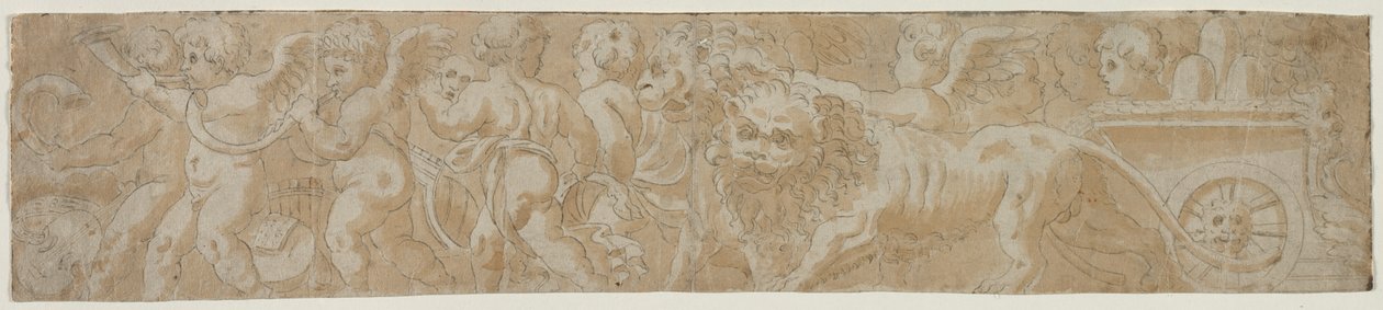 Wagen von Löwen mit Amorini gezogen recto Teilweise architektonische Studie verso, erste Hälfte 1500er von Unbekannt