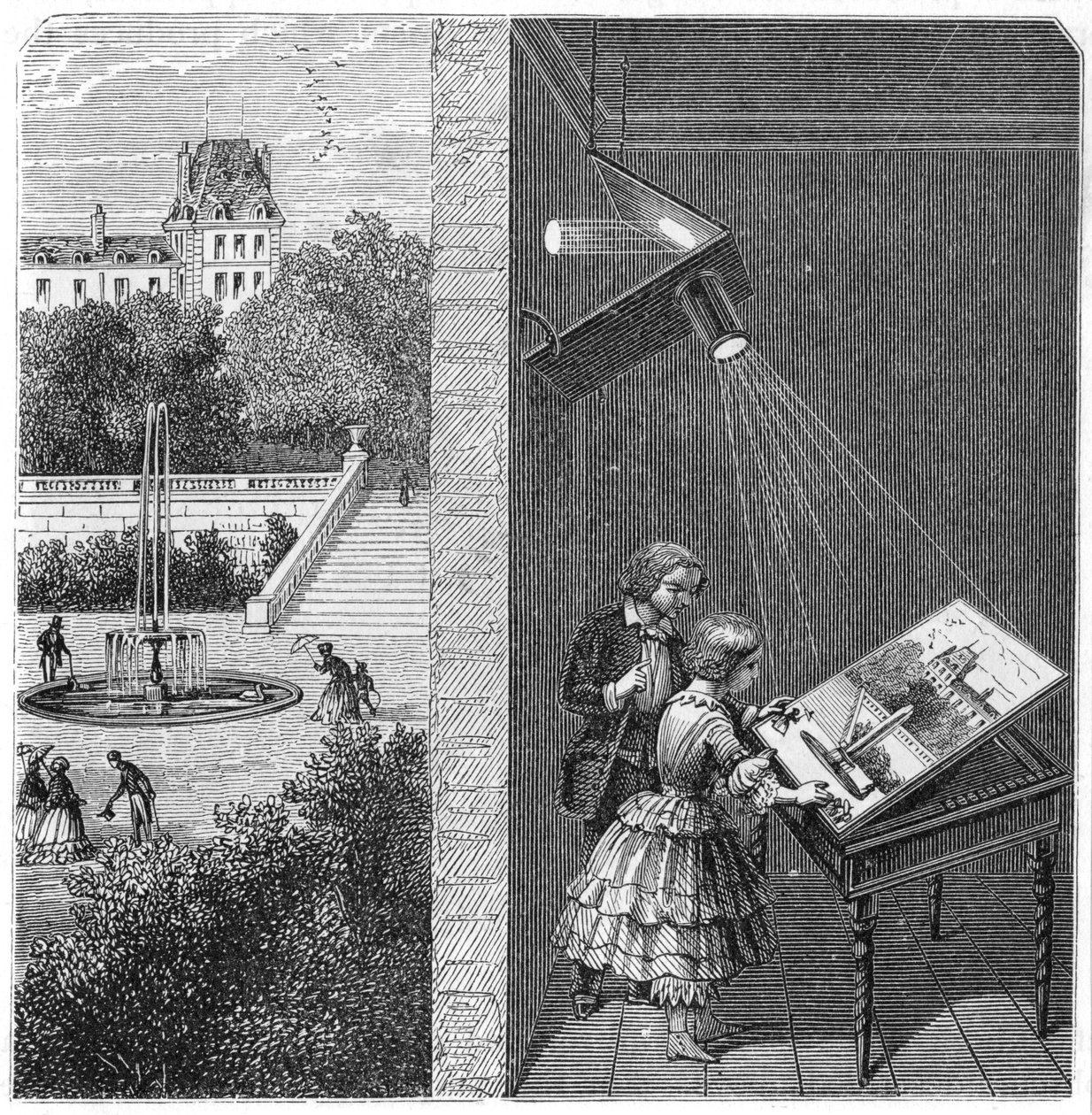 Kinder beobachten eine Außenszene durch eine Camera Obscura, 1887 von Unbekannt