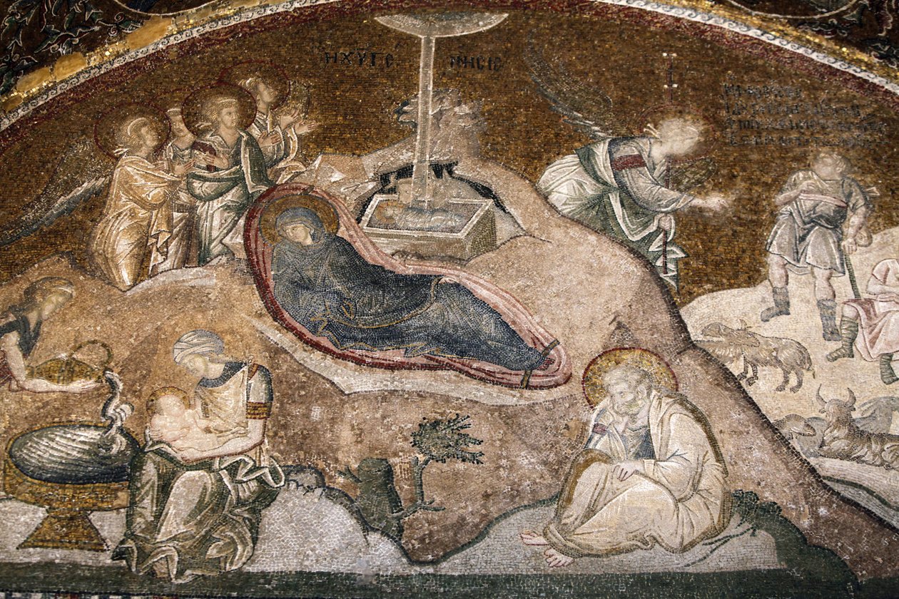Chora-Kirche Museum: Geburt Jesu Mosaik (Maria ruht nach der Geburt, Joseph sitzt), Istanbul, Türkei von Unbekannt