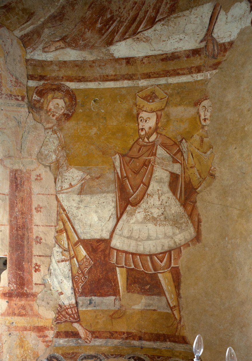 Kirche (Église Saint-Martin). Innenraum. Die Apsis. Wandmalereien. Detail. Jesus am Hof von Herodes. 12. Jahrhundert. von Unbekannt