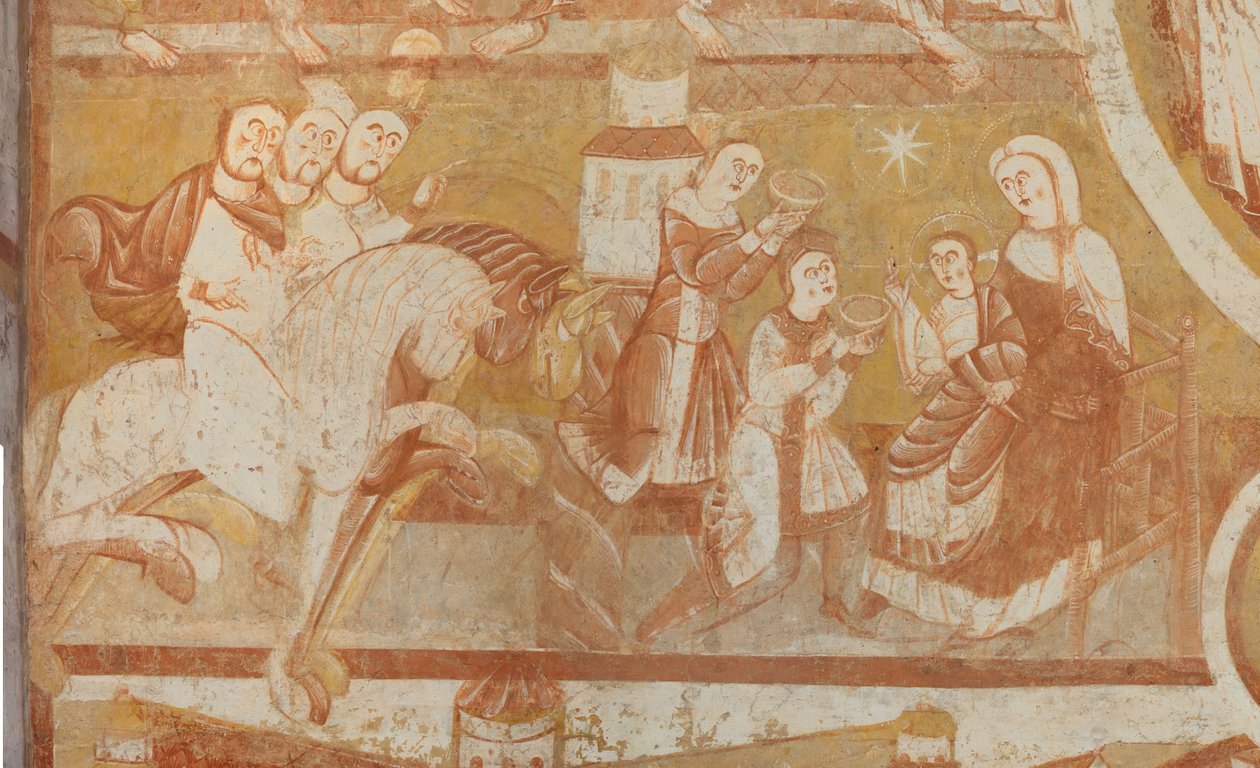 Kirche (Église Saint-Martin). Innenraum. Wandmalereien. Westwand des Kirchenschiffs. Detail. Ankunft der Könige, Anbetung der Könige. 12. Jahrhundert. von Unbekannt