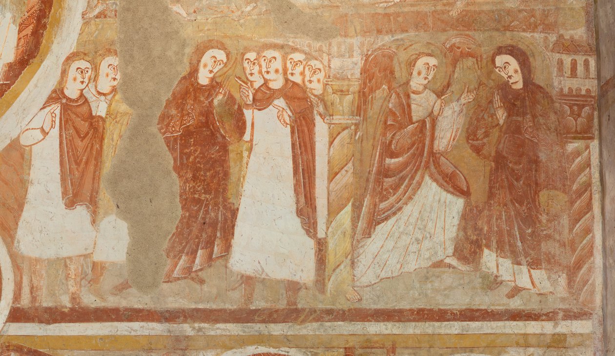 Kirche (Église Saint-Martin). Innenraum. Wandmalereien (Fresko). Westwand des Kirchenschiffs. Detail. Anklage und Verkündigung der Jungfrau. 12. Jahrhundert von Unbekannt