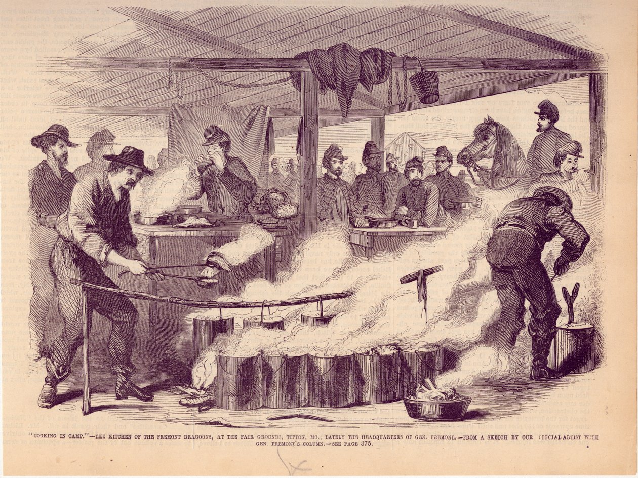 Kochen im Lager. - Die Küche der Fremont-Dragoner auf dem Messegelände, Tipton, MO., kürzlich das Hauptquartier von Gen. Fremont. von Unbekannt