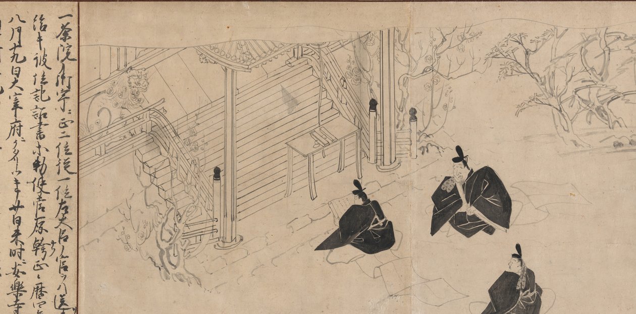 Höflinge besuchen Sugawara no Michizanes Grabtempel..., ca. 1300 von Unbekannt