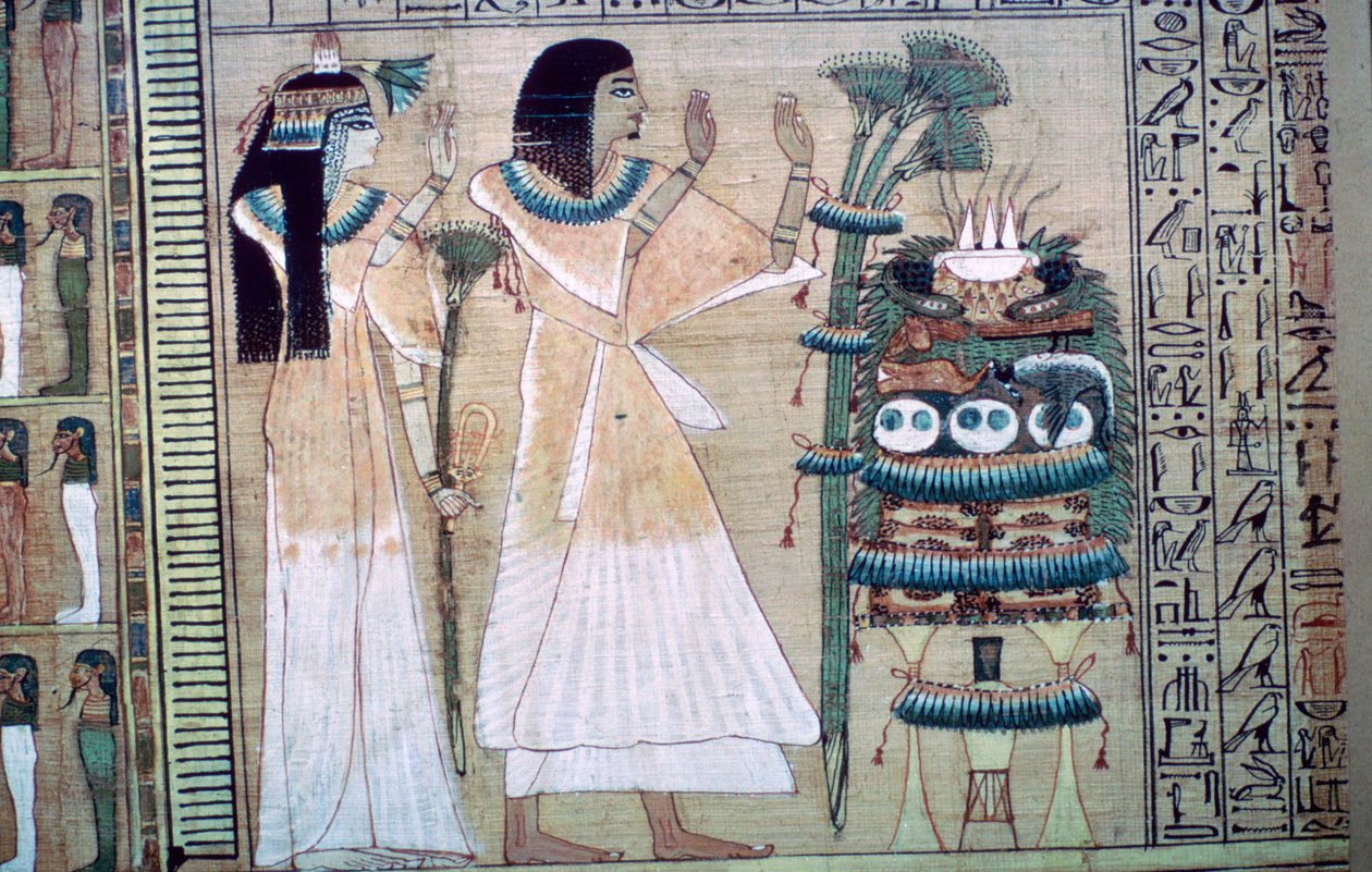 Darstellung eines Mannes und seiner Frau, die Osiris Opfergaben darbringen von Unbekannt