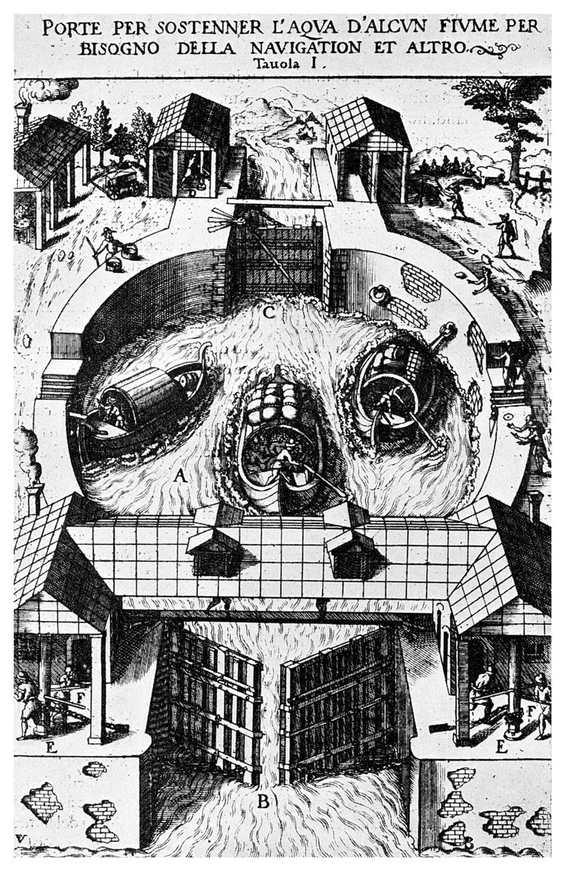 Entwurf für schwenkbare Schleusentore von Leonardo da Vinci, 15. Jahrhundert, 1956 von Unbekannt