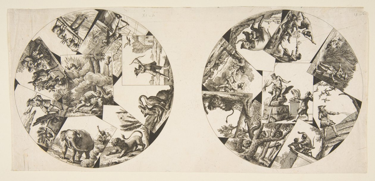 Entwürfe für Platten aus Oudrys Illustrationen zu La Fontaines Fabeln, nach 1755 von Unbekannt