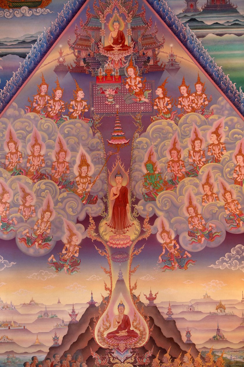 Detail eines Wandgemäldes in der Uposatha (Schreinhalle) des Buddhapadipa-Tempels, Wimbledon, Großbritannien von Unbekannt