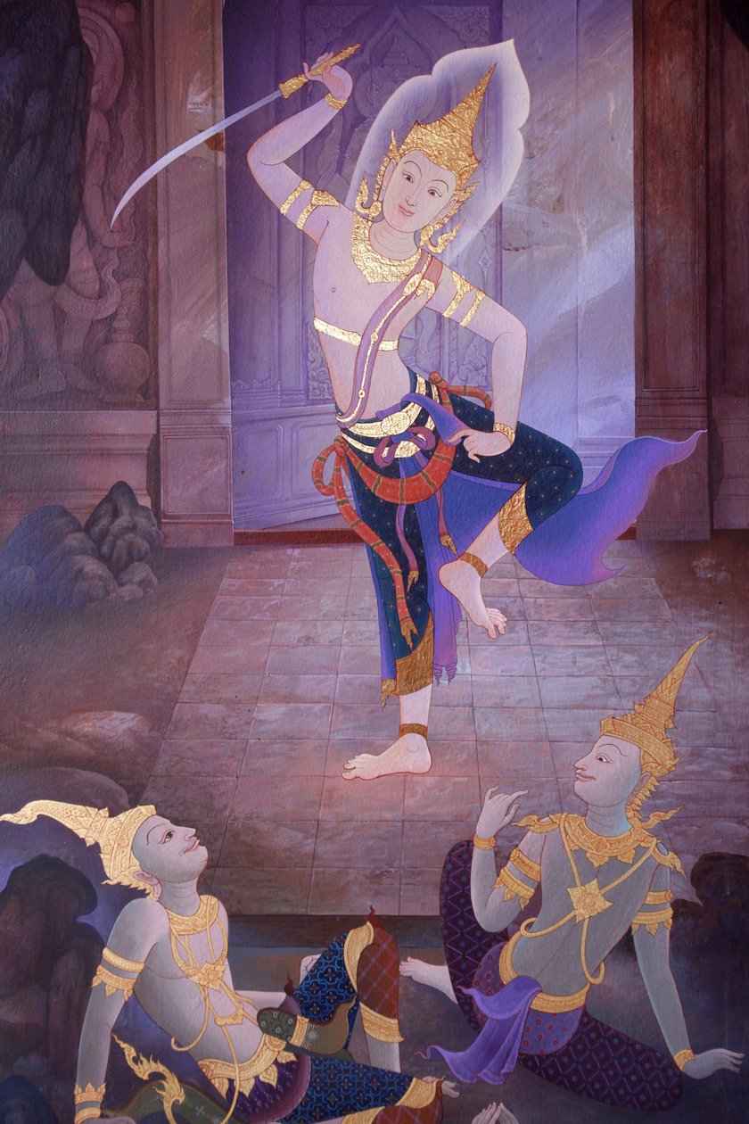 Detail eines Wandgemäldes in der Uposatha (Schreinhalle) des Buddhapadipa-Tempels, Wimbledon, Großbritannien von Unbekannt
