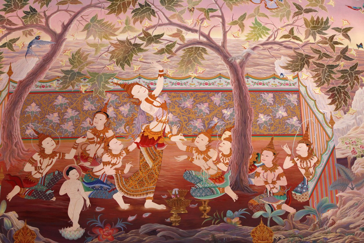 Detail eines Wandgemäldes im Uposatha (Schreinhalle) des Buddhapadipa Tempels, Wimbledon, Großbritannien von Unbekannt
