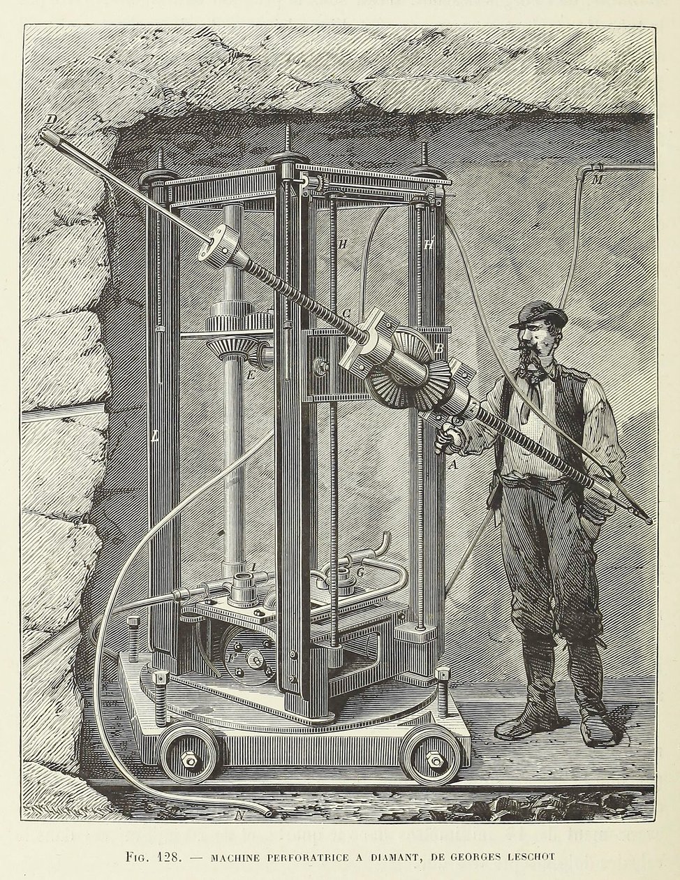 Diamantbohrmaschine entworfen von Georges Leschot, veröffentlicht 1883, Gravur, 1883 von Unbekannt