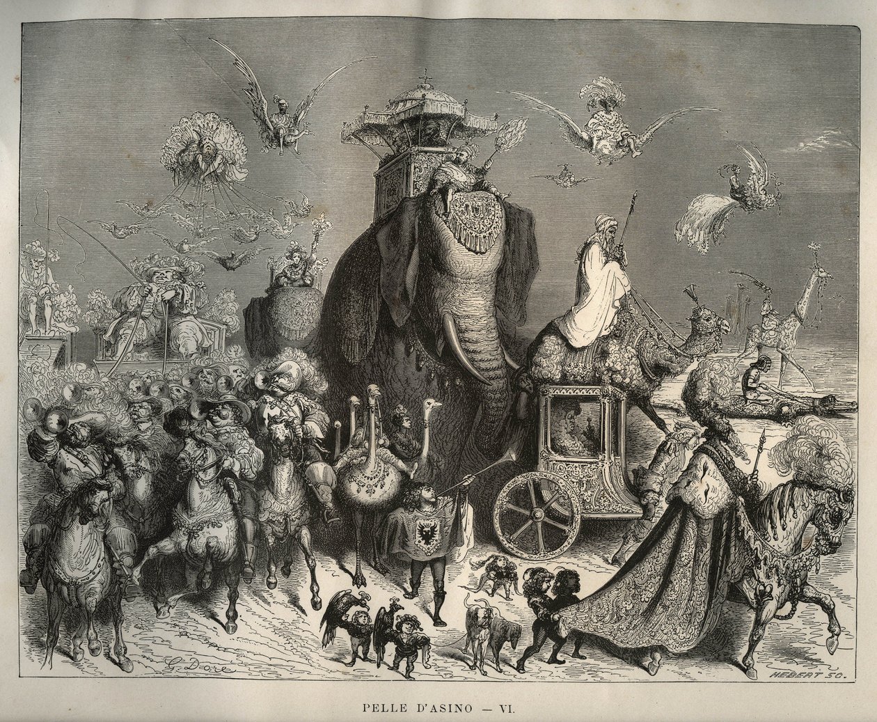 Eselshaut: der Kaross und der Brautzug. Gravur von Gustave Doré (1832-1883) aus „Les contes“ von Charles Perrault (1628-1703) von Unbekannt