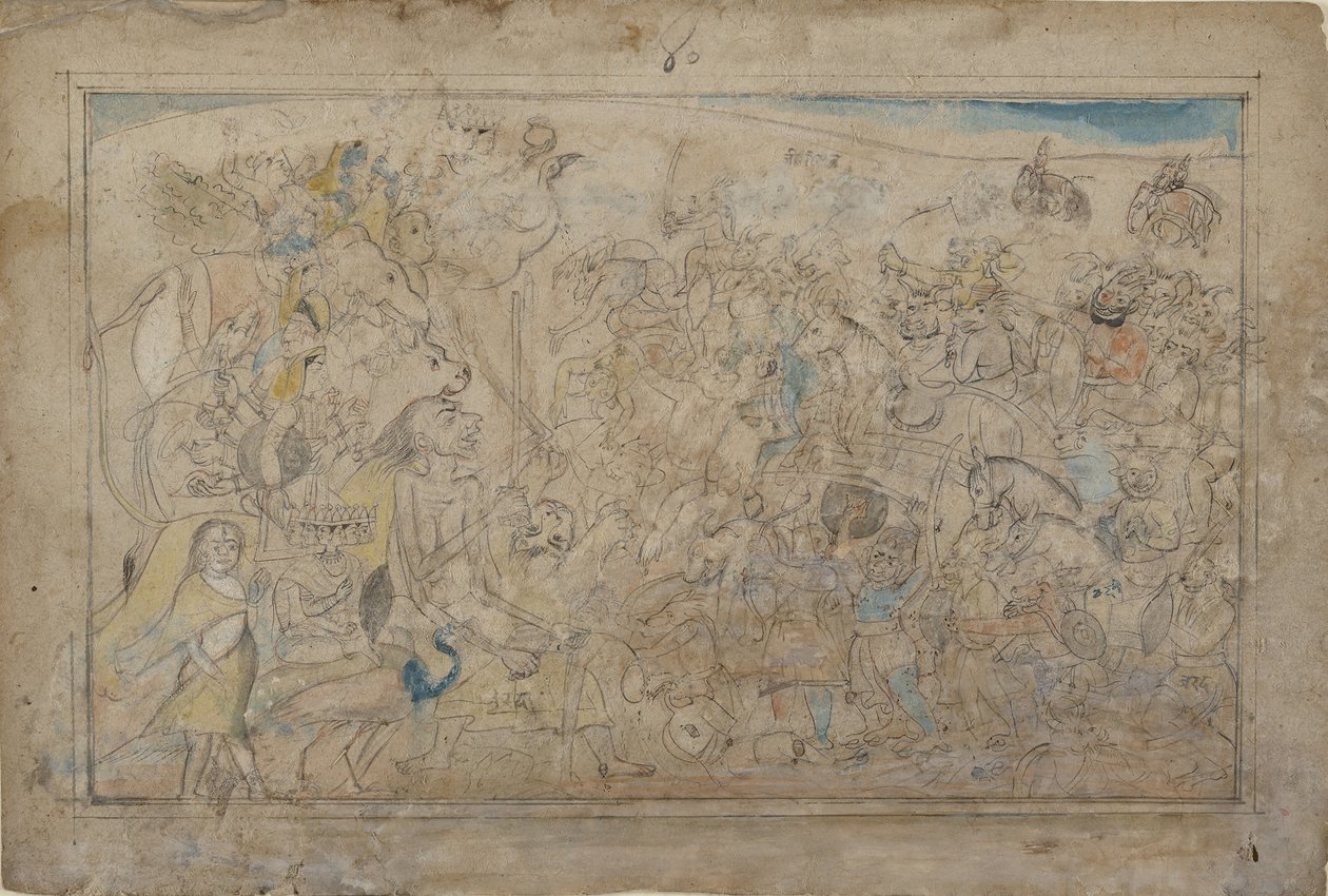 Durga, Kali und fünf Matrikas kämpfen gegen die Daitya-Armee des Dämons Shumbha... (ca. 1780) von Unbekannt