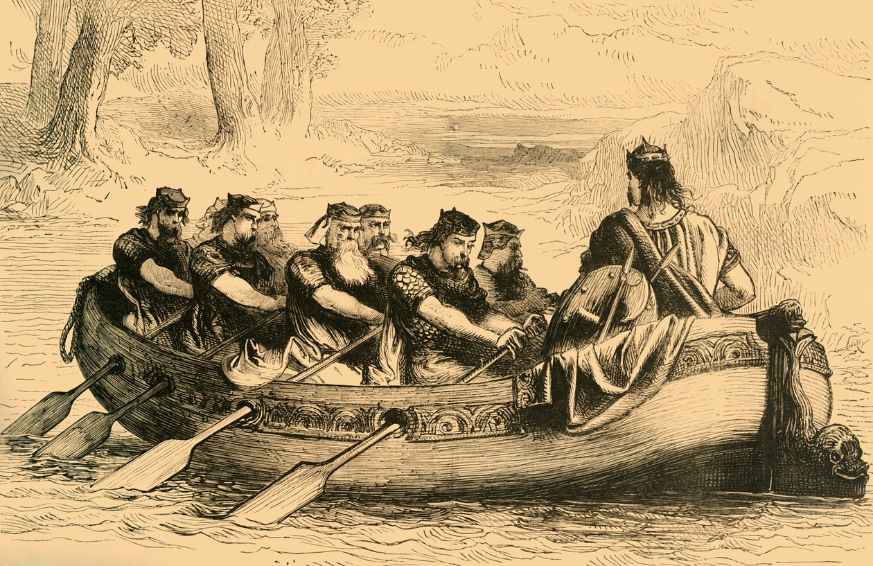 Edgar der Friedliche wird von acht tributpflichtigen Fürsten den Fluss Dee hinuntergerudert, ca. 1890 von Unbekannt
