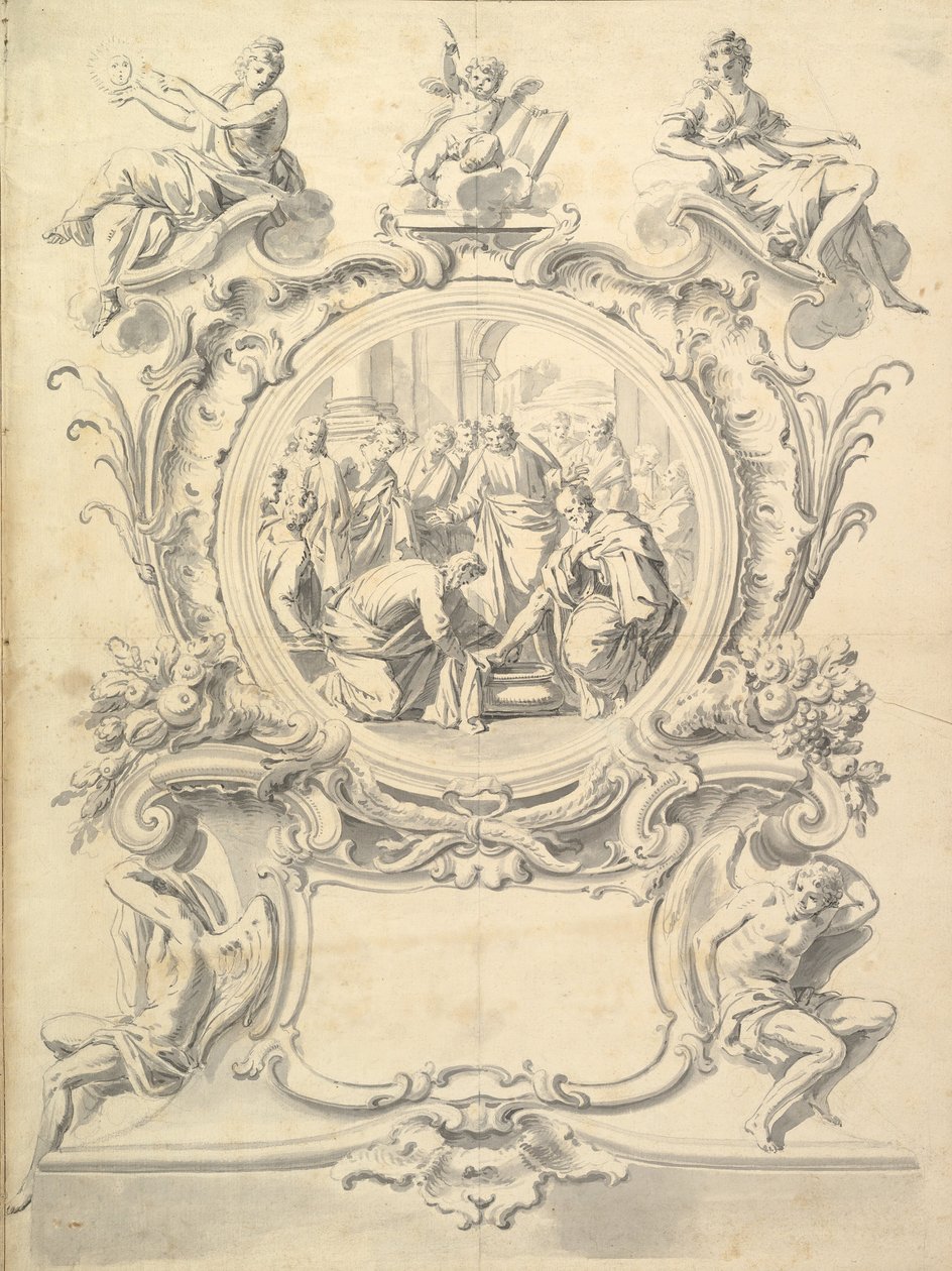 Aufwendig gerahmtes Rundbild von Christus wäscht die Füße der Apostel, nach 1800 von Unbekannt