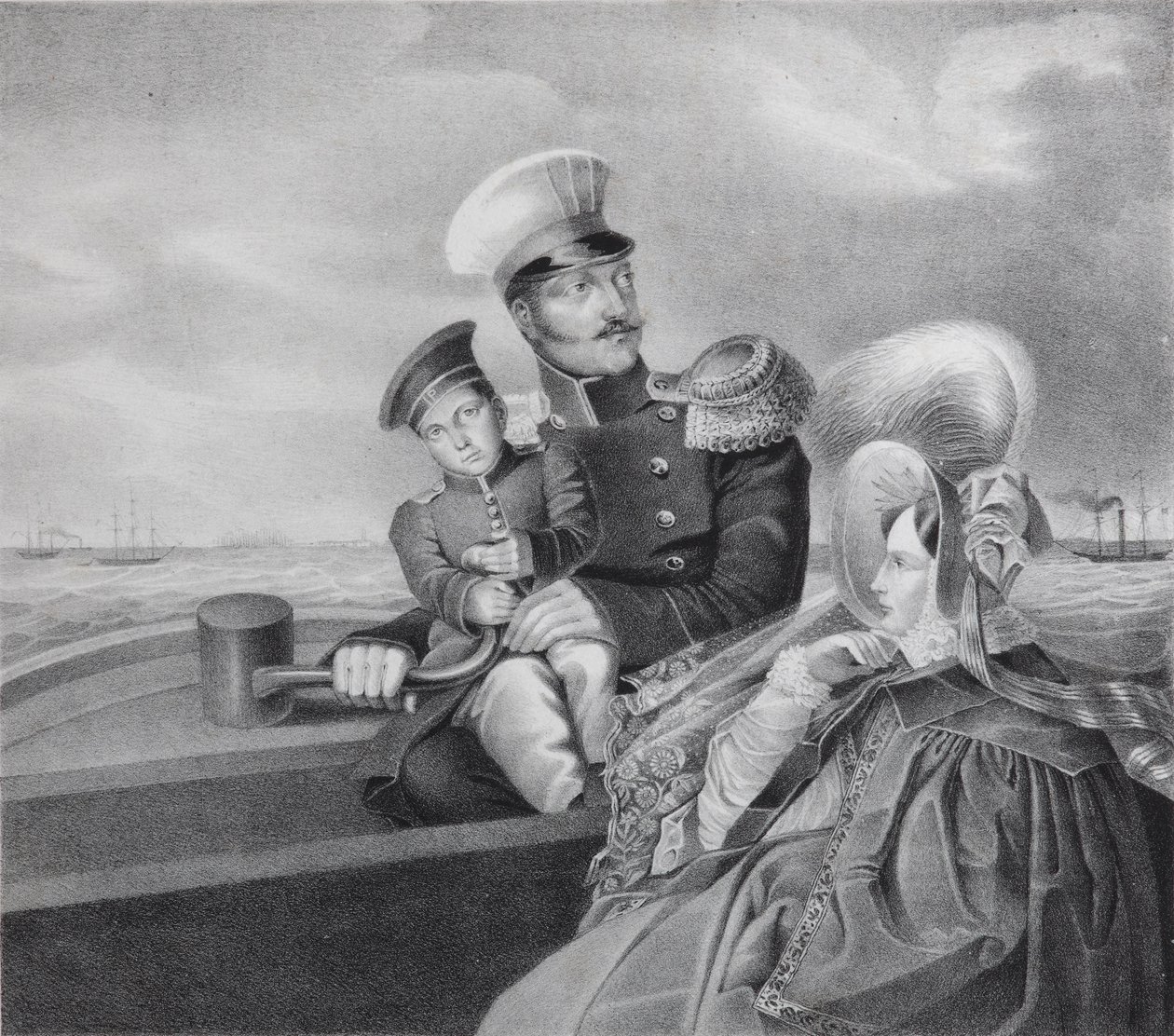 Kaiser Nikolaus I. und Kaiserin Alexandra Fjodorowna mit Sohn Konstantin Nikolajewitsch auf einer Bootsfahrt von Unbekannt