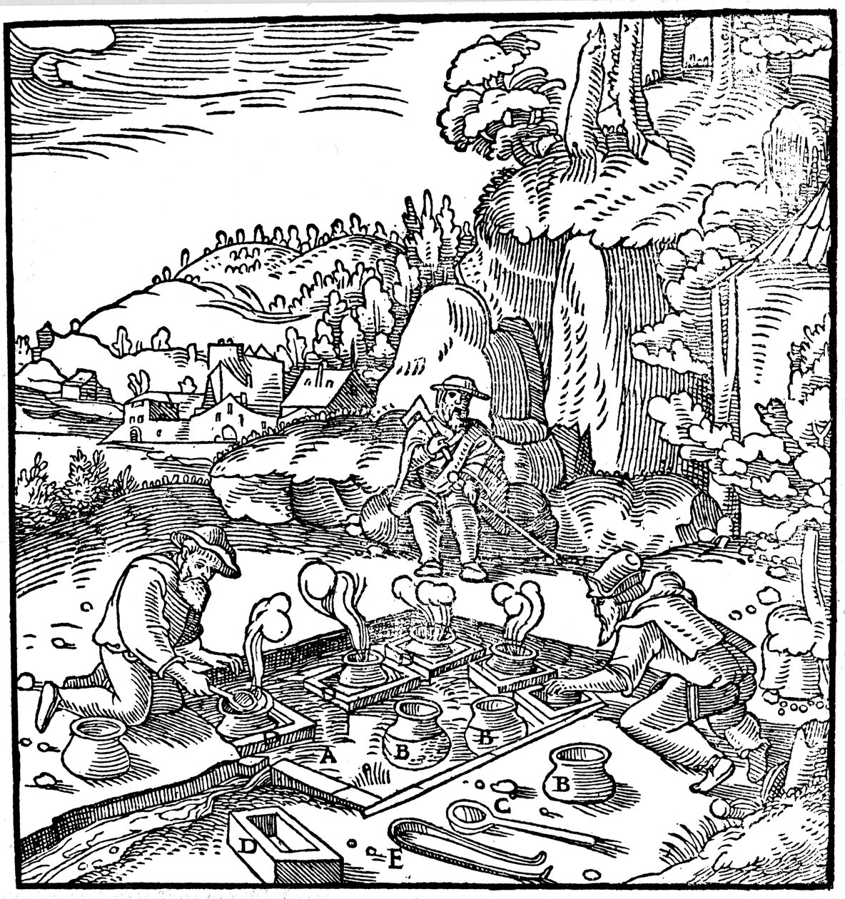 Verdampfungstöpfe mit Sole in einer natürlichen heißen Quelle zur Salzgewinnung, 1556 von Unbekannt
