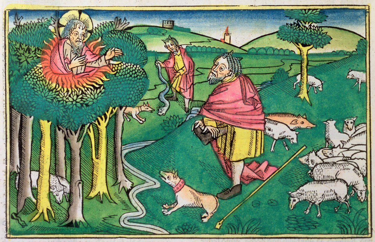 Exodus 3:1-22 und 4:1-4: der brennende Busch und Gott rüstet Moses mit dem Wunderstab aus von Unbekannt