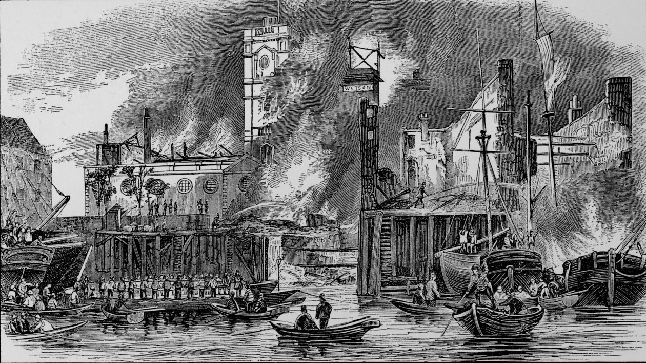 Feuer am Toppings Wharf, London Bridge, 1843 von Unbekannt