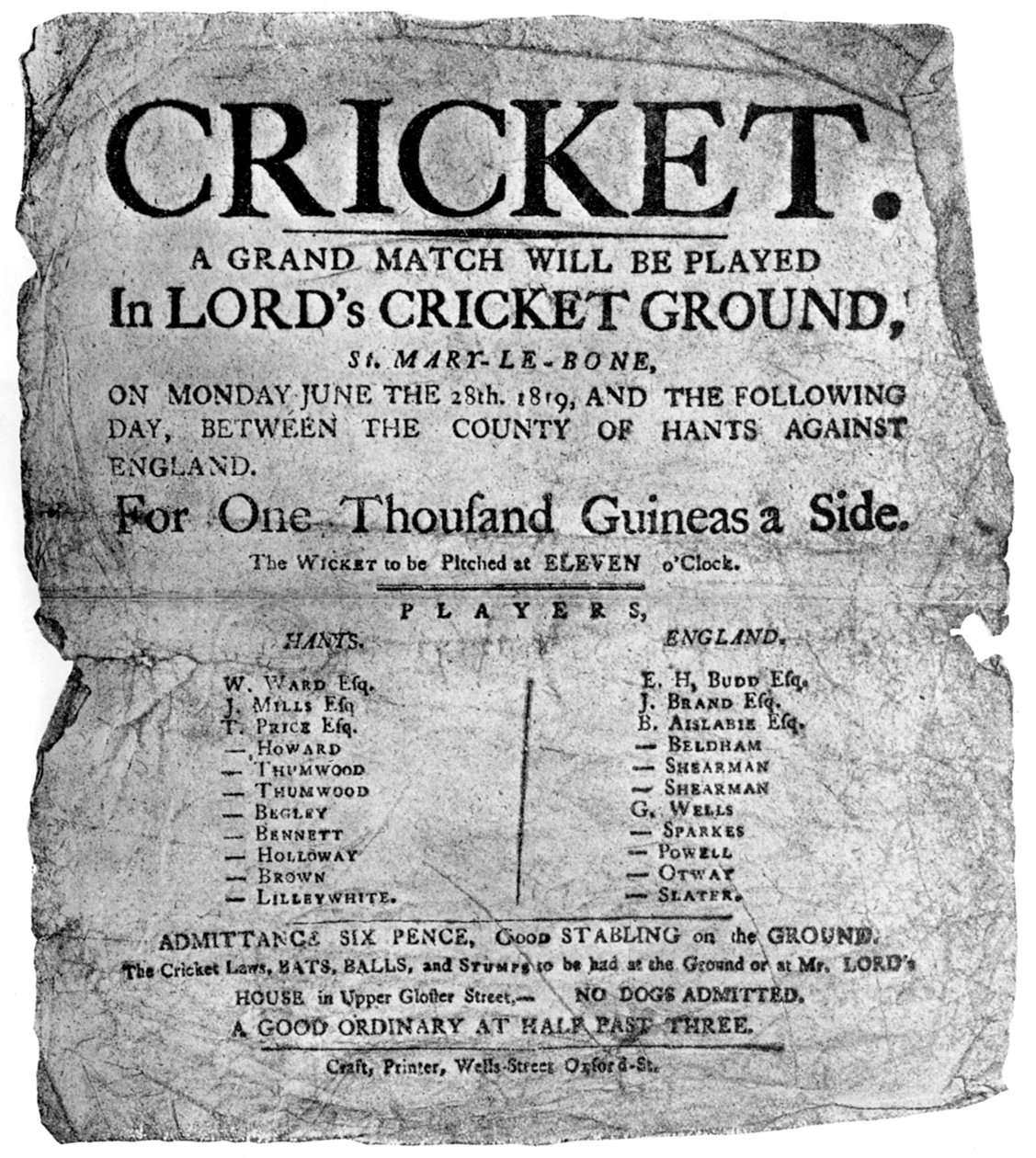 Flugblatt, das ein Cricketspiel zwischen Hampshire und England ankündigt von Unbekannt