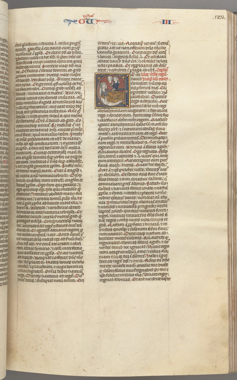 Fol. 123r, Könige III, historiierte Initiale E, ein Diener bringt Abischag zu David..., ca. 1275-1300 von Unbekannt