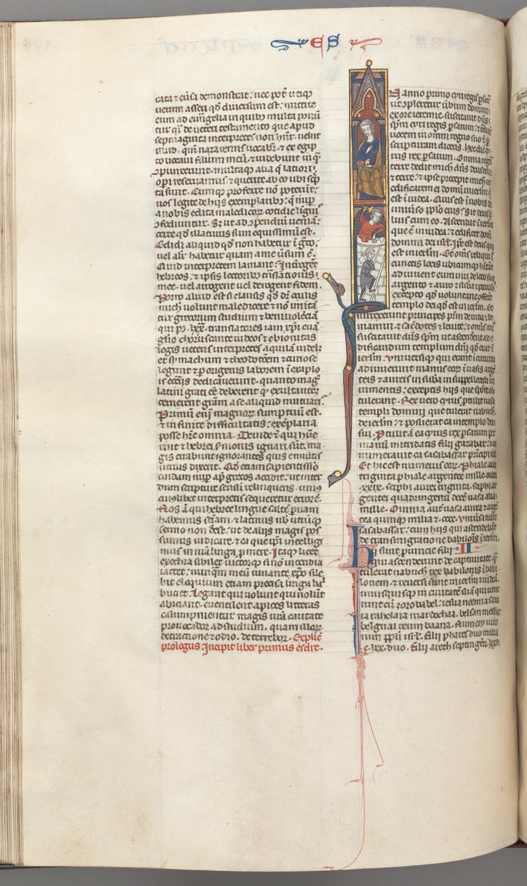 Fol. 174v, Esra, historiierte Initiale I, Kyros leitet den Bau des Tempels, ca. 1275-1300 von Unbekannt