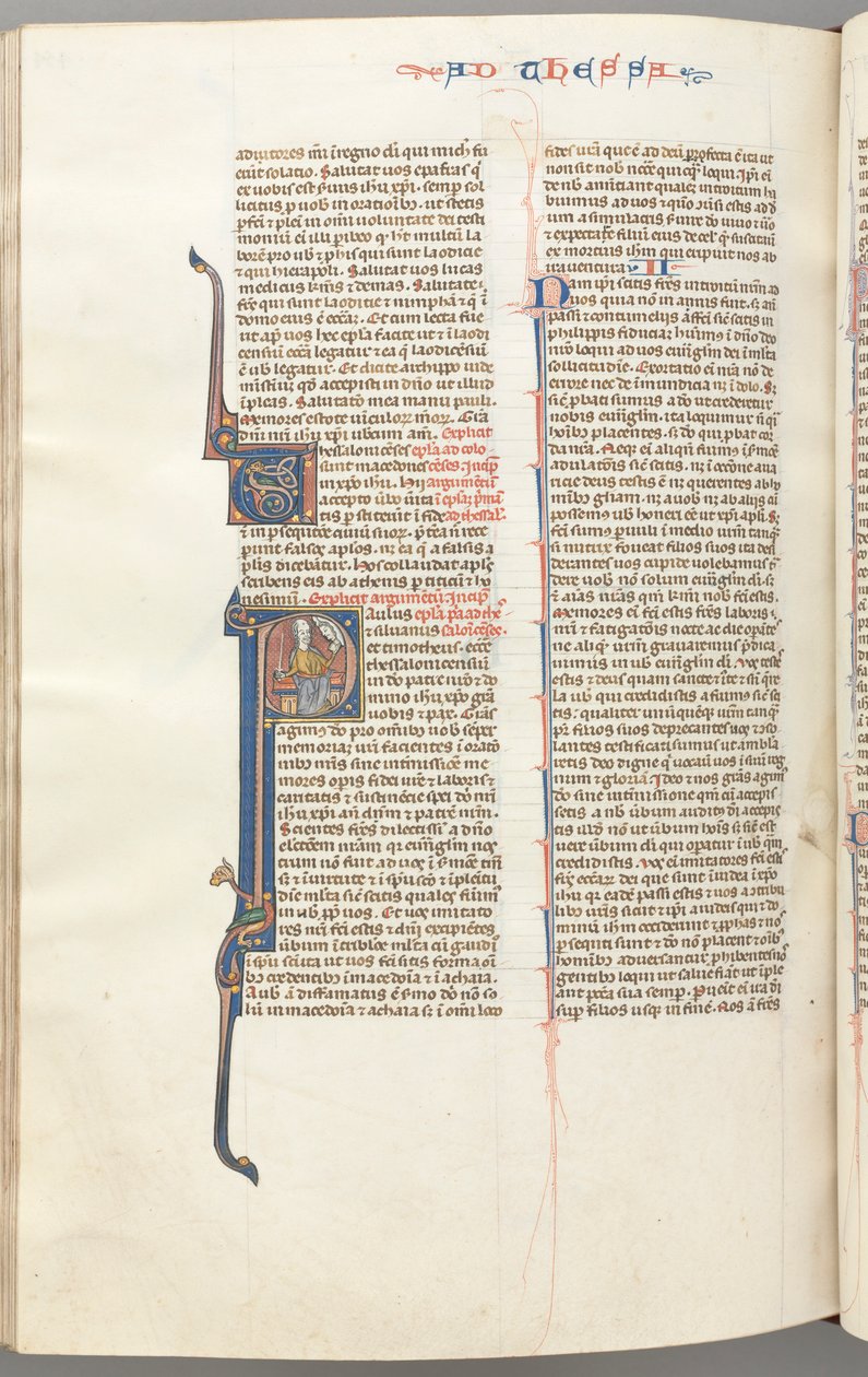 Fol. 454v, Thessalonicher I, historisierte Initiale P, Paulus sitzend mit einem Schwert und einem Buch..., ca. 1275-13 von Unbekannt