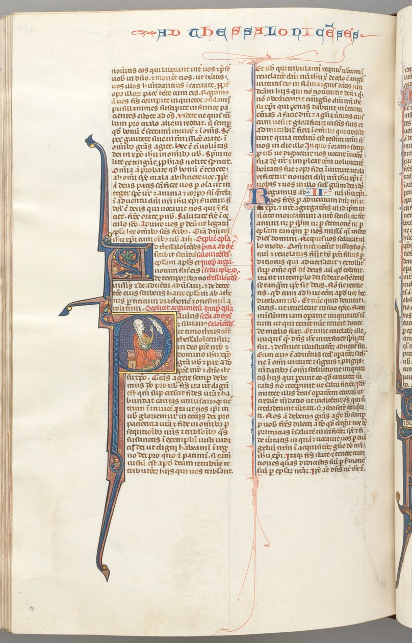 Fol. 455v, Thessalonicher II, historisierte Initiale P, Paulus sitzt mit einem Schwert..., ca. 1275-1300 von Unbekannt