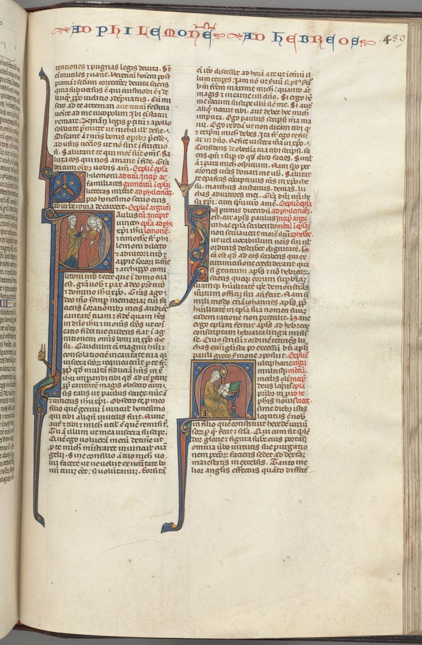 Fol. 459r, Philemon, historiierte Initiale P, Paulus spricht zu drei Männern und Hebräern..., ca. 1275-1300 von Unbekannt