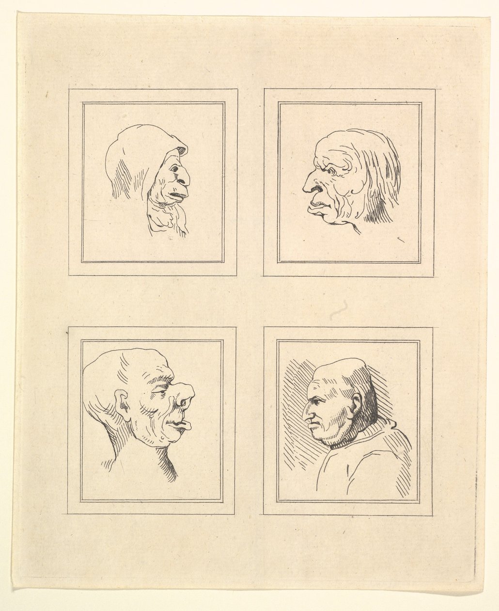 Vier Köpfe aus Characaturas von Leonardo da Vinci, nach Zeichnungen von Wincelslaus Hollar von Unbekannt