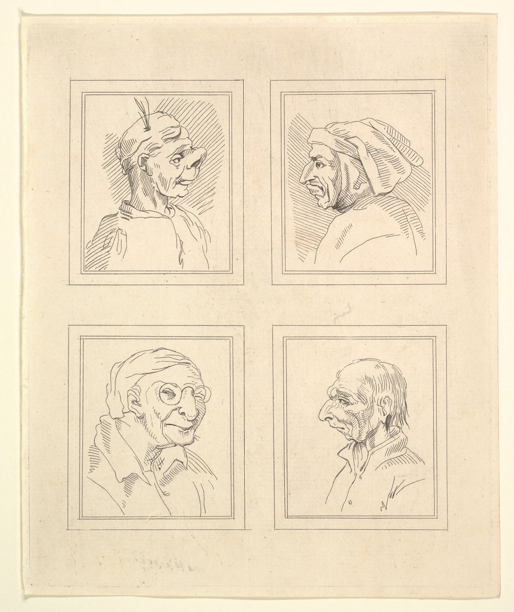 Vier Köpfe aus Karikaturen von Leonardo da Vinci, aus Zeichnungen von Wenzel Hollar, o..., 1786 von Unbekannt