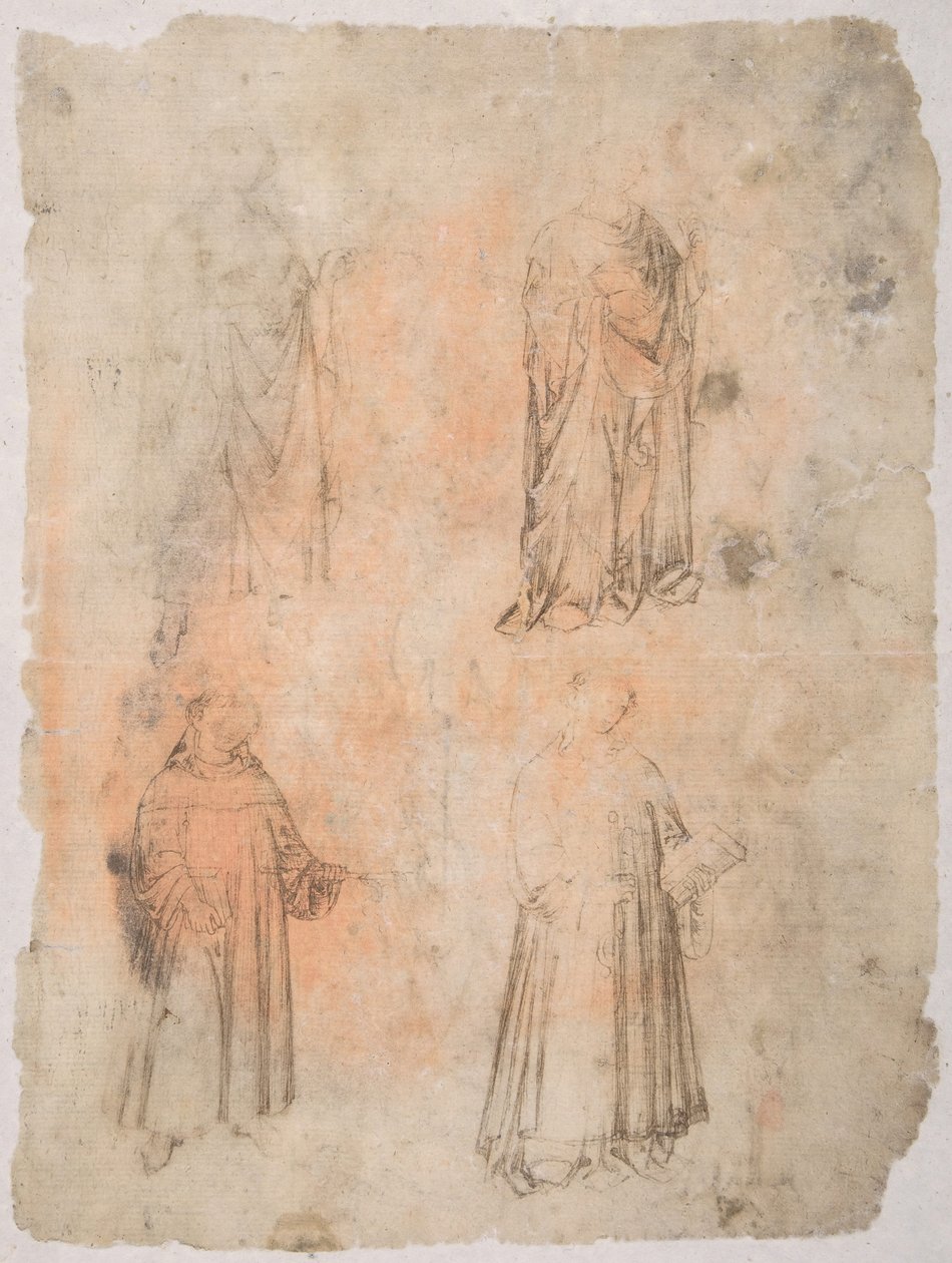 Vier Heilige recto, Zwei Heilige, sitzende Madonna und kniende Figur verso, 14. Jahrhundert von Unbekannt