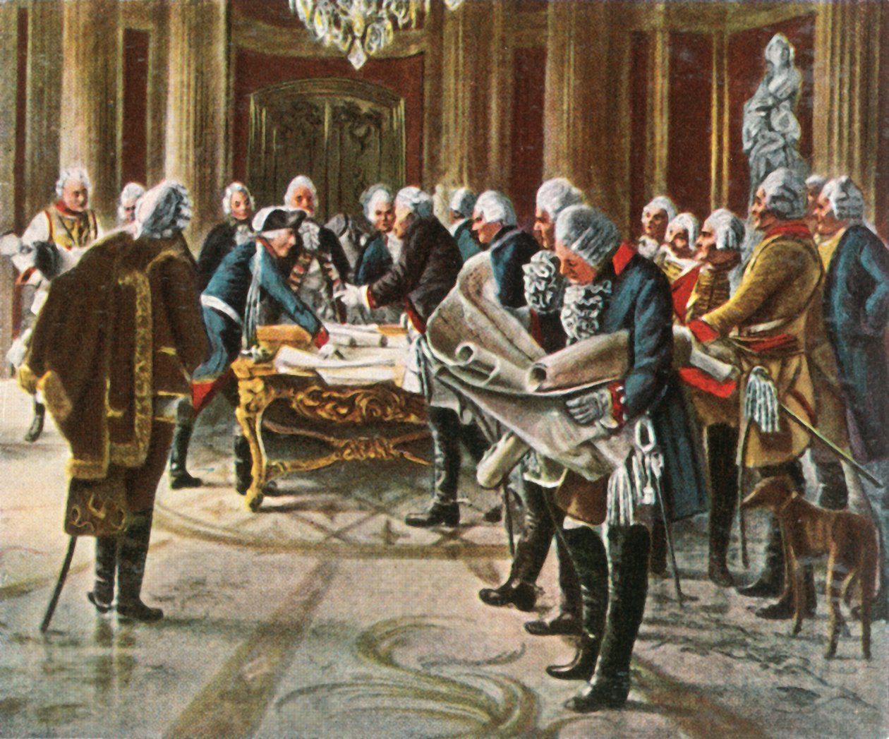 Friedrich der Große hält einen Kriegsrat mit seinen Generälen, August 1756, 1936 von Unbekannt