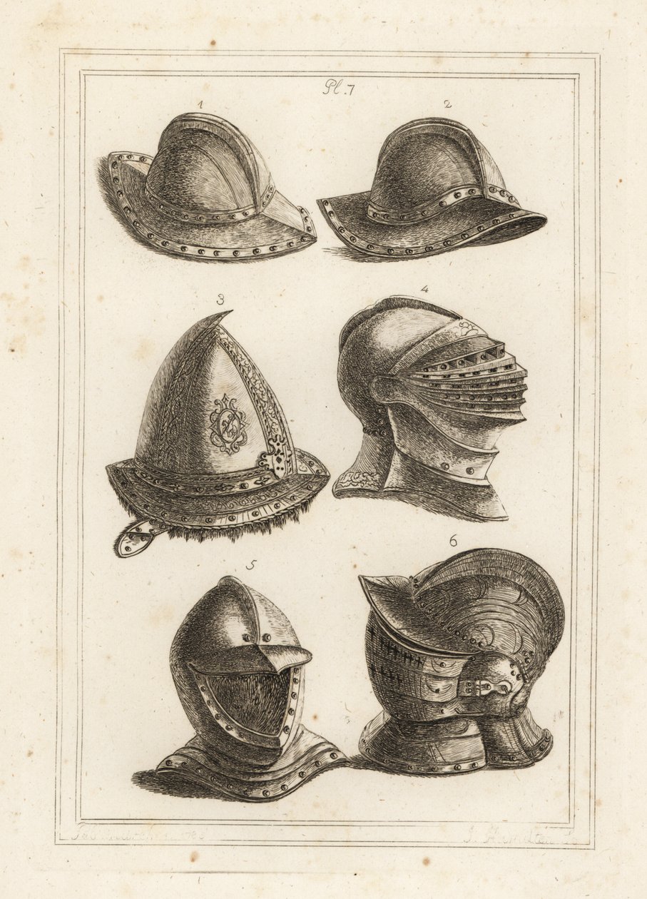 Französischer Eisenkesselhelm 1,2, gravierte Stahlkappe aus dem 16. Jahrhundert 3, großer heller Helm 4, offener Helm 5, verzierter Helm mit Visier 6 von Unbekannt