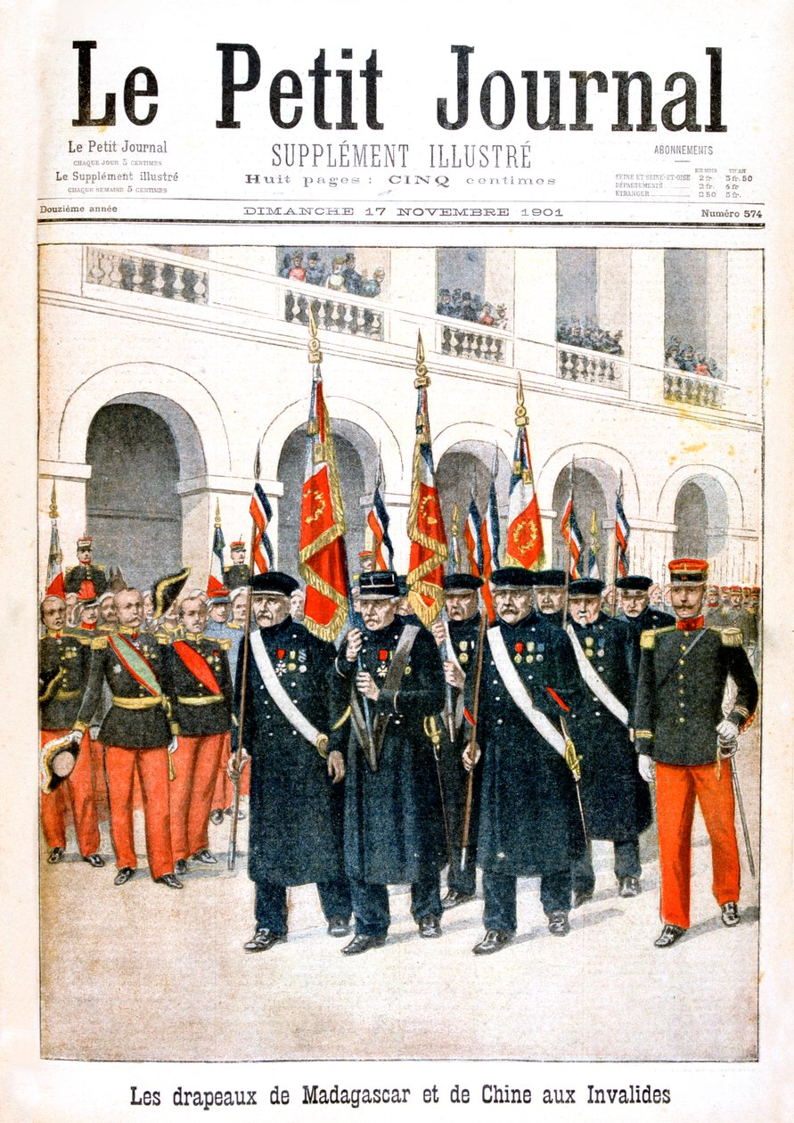 Französische Kriegsveteranen tragen Fahnen der Madagaskar- und China-Kampagnen, 1901 von Unbekannt