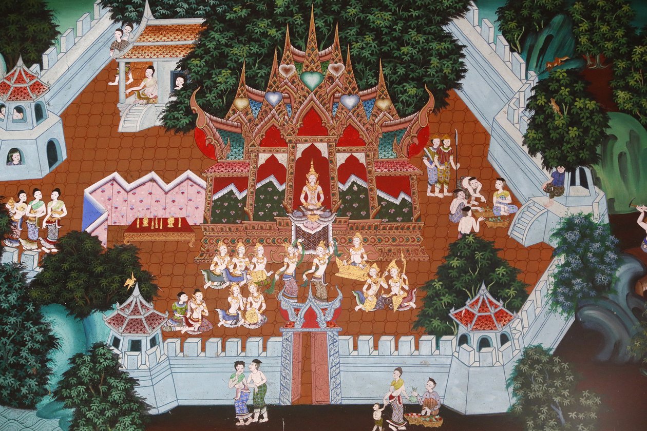 Fresko im Wat Ampharam, Hua Hin, Thailand: Temiya Jataka, auch Muga-Pakkha Jataka genannt, eines der früheren Leben des Buddha von Unbekannt