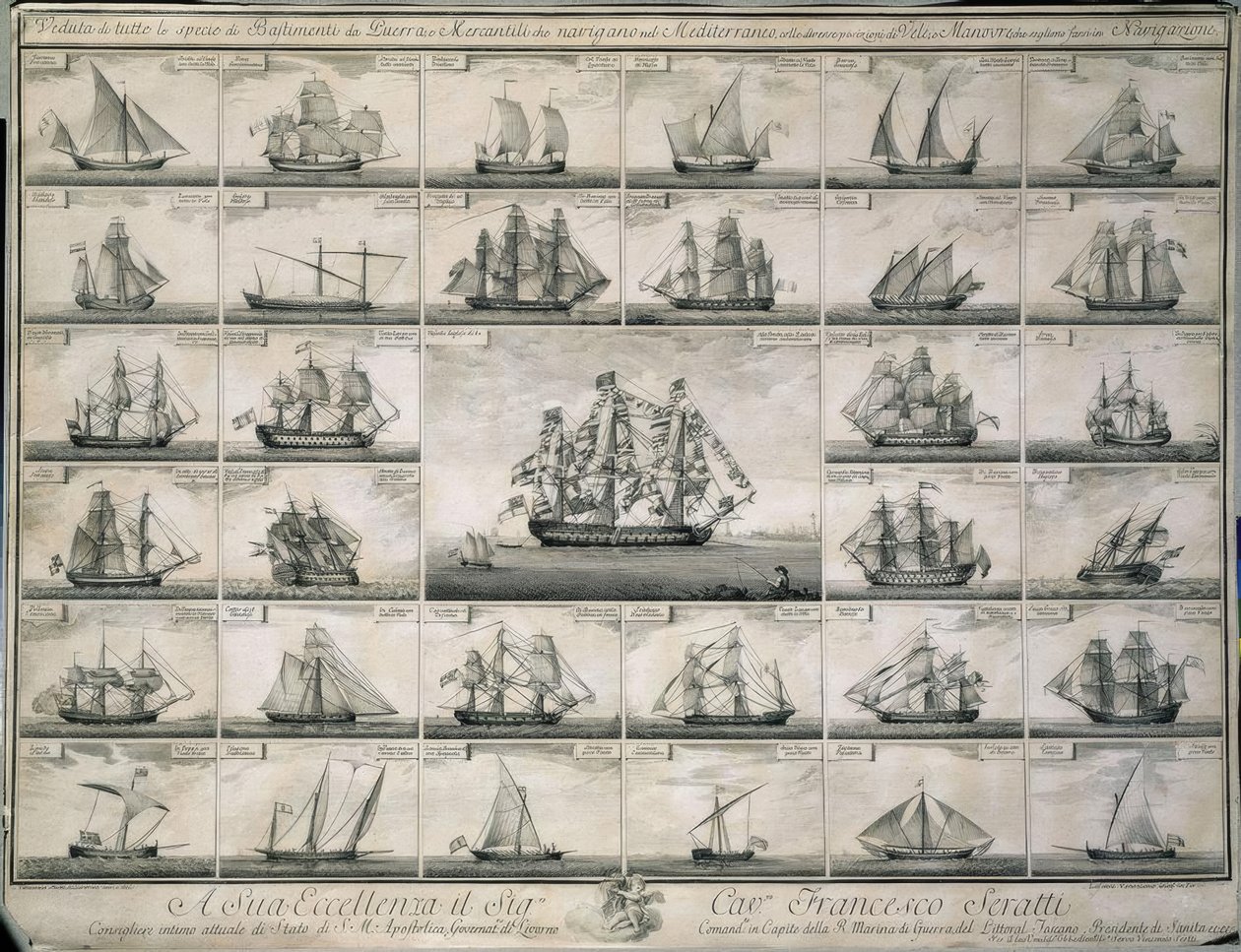 Gravur der Kriegs- und Handelsschiffe, die im Mittelmeer segelten von Unbekannt