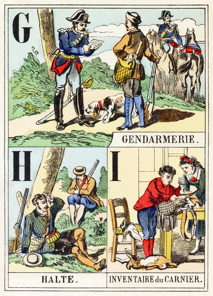 G H I : Gendarmerie, Halt, Inventar des Jagdbeutels - Das Jagdalphabet, ca. 1890 (Gravur) von Unbekannt