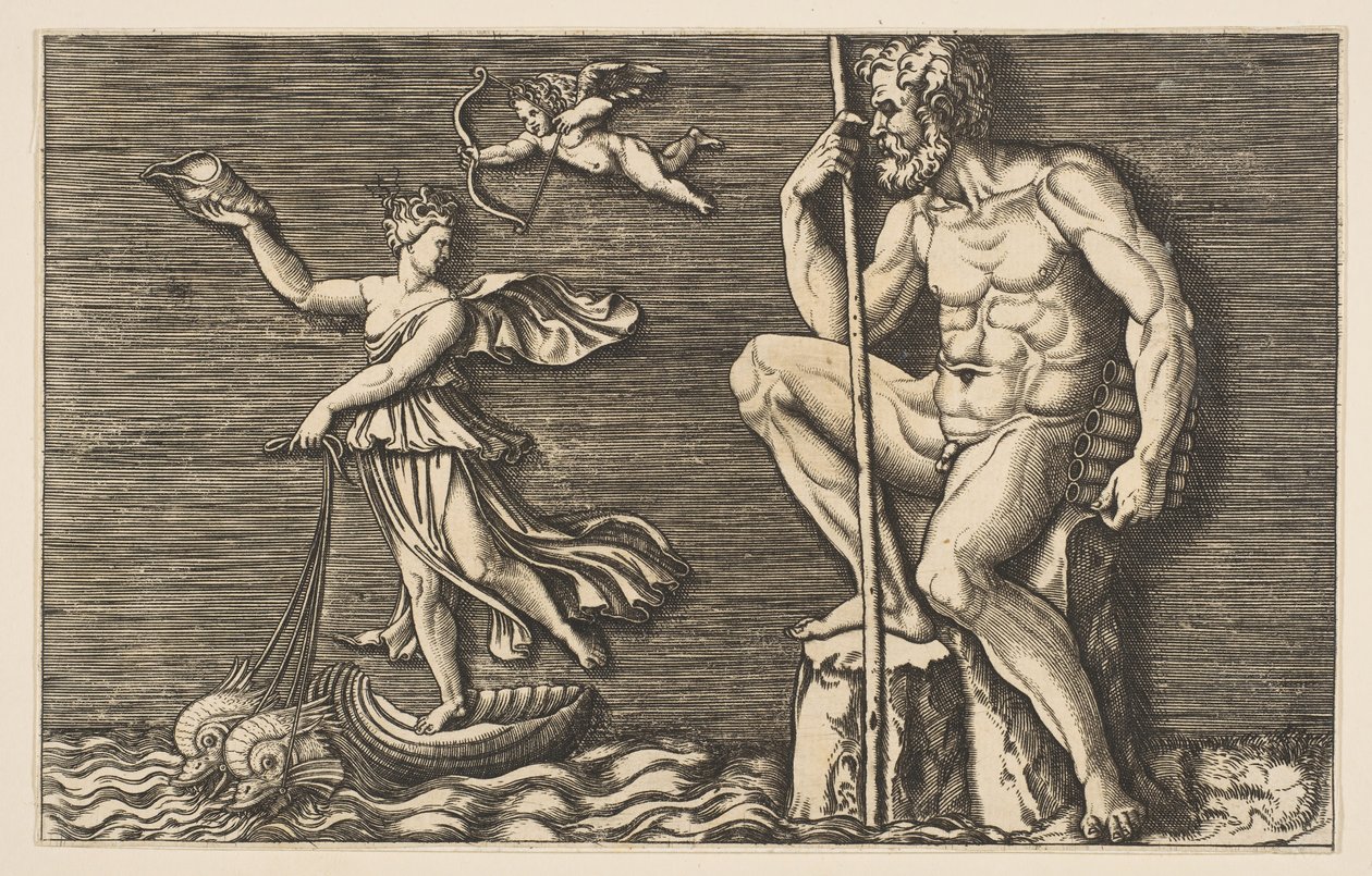 Galatea entkommt Polyphemus, er sitzt auf einem Felsen und hält einen Stab und Pfeifen, ca. 1515-1600 von Unbekannt