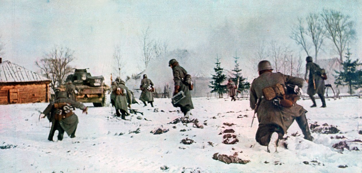 Deutsche Infanteristen folgen einem Panzer in Richtung Moskau im Schnee, Russland von Unbekannt